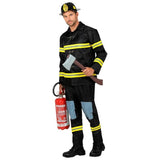 Men's Firefighter Costume styled with black uniform, yellow stripe detailing and helmet