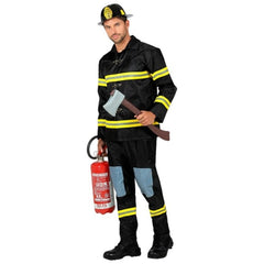 Adult men's Firefighter Costume front view with black coat, pants and helmet
