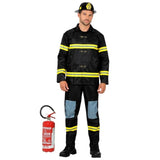 Adult men's Firefighter Costume front view with black coat, pants and helmet