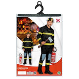 Adult men's Firefighter Costume packaging showing coat, pants and helmet