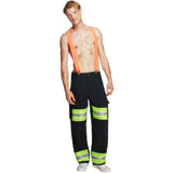 Front view of men's firefighter costume featuring black trousers with reflective trim and attached orange braces.