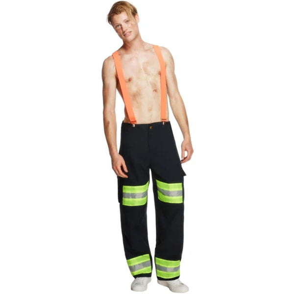 Front view of men's firefighter costume featuring black trousers with reflective trim and attached orange braces.
