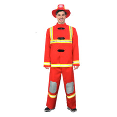 Fireman Adult Costume with red jacket, trousers, and felt hat – firefighter fancy dress outfit