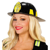 Woman wearing black fire chief helmet