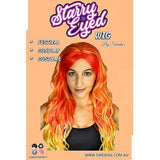 Starry Eyed wig packaging with a model wearing orange and yellow hair on an orange background.
