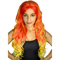 Firestar deluxe ombre red and orange loose curl wig by Sweida’s Party