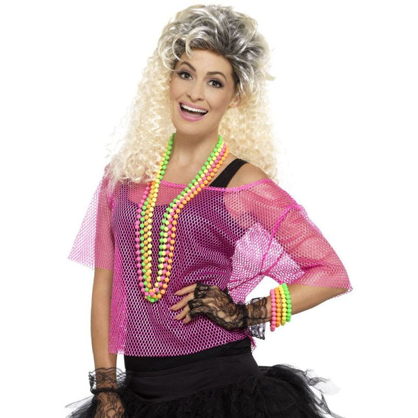 Neon pink fishnet top – retro 1980s costume accessory for parties and festivals