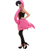 Person wearing a pink flamingo costume on a white background