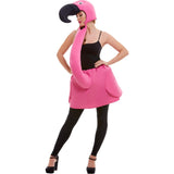 Person wearing a pink flamingo costume on a white background