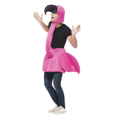 Flamingo Costume, pink skirt with wings and tail with attached neck leading to attached headpiece.