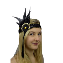 Black and gold flapper headband with sequins, feather, and tassels – 1920s Gatsby accessory