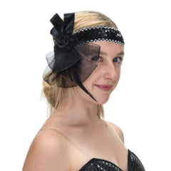 Black sequin flapper headband with net and ribbon trim