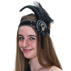 Black and silver flapper headband with sequins, feathers, and beads – 1920s costume accessory