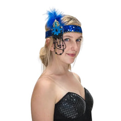 Blue and gold flapper headband with black daisy detail and feathers – 1920s Gatsby accessory