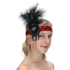 Red and black flapper headband with feather, flower, beads and sequins – 1920s Gatsby accessory
