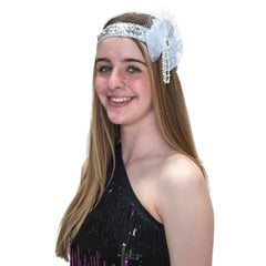 Silver and white 1920s flapper headband with net and bead trim