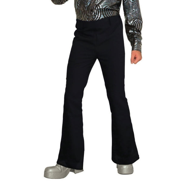 Black flared disco pants with retro wide leg, pockets, and belt loops