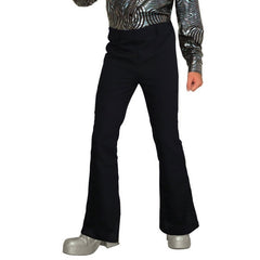 Black flared disco pants with retro wide leg, pockets, and belt loops