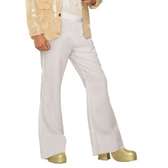 Flared Disco White Pants, elastic waist at back, back pockets, wide flare.