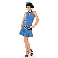 flintstones betty rubble adult costume with bone belt, polar fleece fabric and wig.