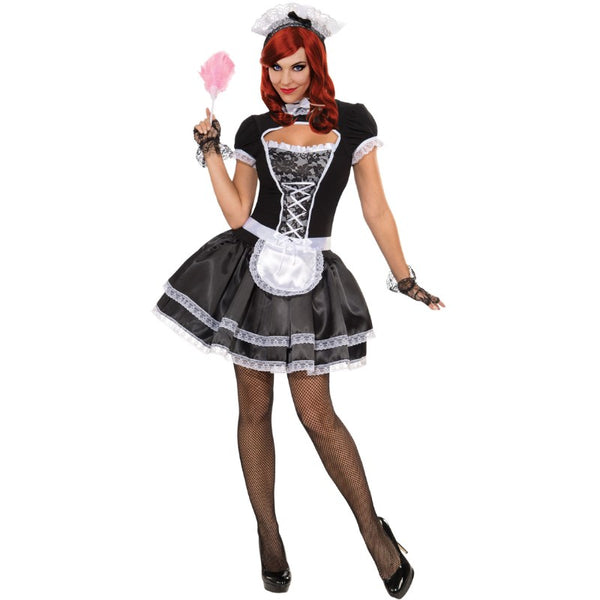 flirty french maid costume, lace up look bodice, full skirt with mini apron plus headdress.
