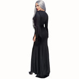 Floor Length Gothic Dress, figure hugging long black dress with small train.
