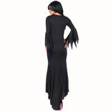 Floor Length Gothic Dress, black figure hugging dress with v neckline and feature jagged hem on sleeves.