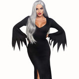 Floor Length Gothic Dress, black dress with wide sleeve with jagged edge.