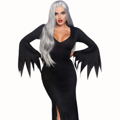 Floor Length Gothic Dress, black figure hugging dress with thigh high slit.