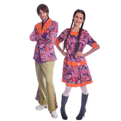 Floral paisley 60s 70s dress costume with headband and white Go Go boots – hire Brisbane