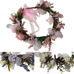 floral crowns with pink, white, and purple flowers on a white background.