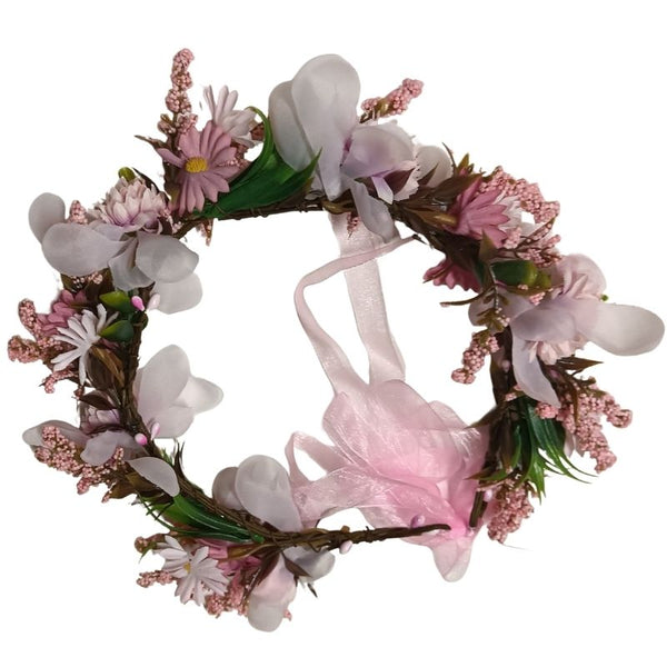 Floral wreath with pink and white flowers on a white background