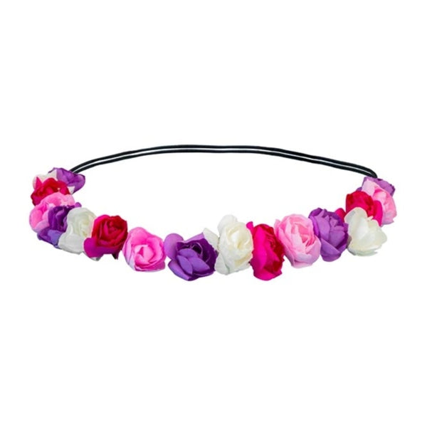Pink and purple flower headband with fabric flowers for festival and costume wear