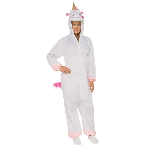 Fluffy Unicorn Adult Costume, white onesie with attached hood.