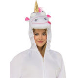 Fluffy Unicorn Adult Costume, hood with face, ears and gold cone.