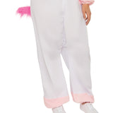 Fluffy Unicorn Adult Costume, jumpsuit is white with pink trim.