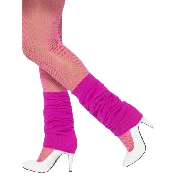 Fluorescent Pink Legwarmers – Knitted design in vibrant pink, ideal for '80s-themed costumes and parties.