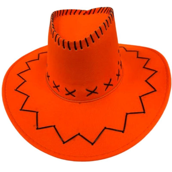 Fluro orange cowboy hat with black trim and chin cord