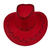 Red fluro cowboy hat with black leather detail and adjustable cord for western costumes and festivals.