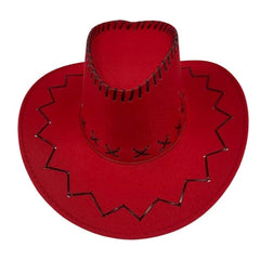 Red fluro cowboy hat with black leather detail and adjustable cord for western costumes and festivals.