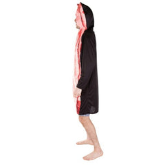 Foam bacon novelty adult costume, black tunic with a strip of bacon image on the front, opening for face.