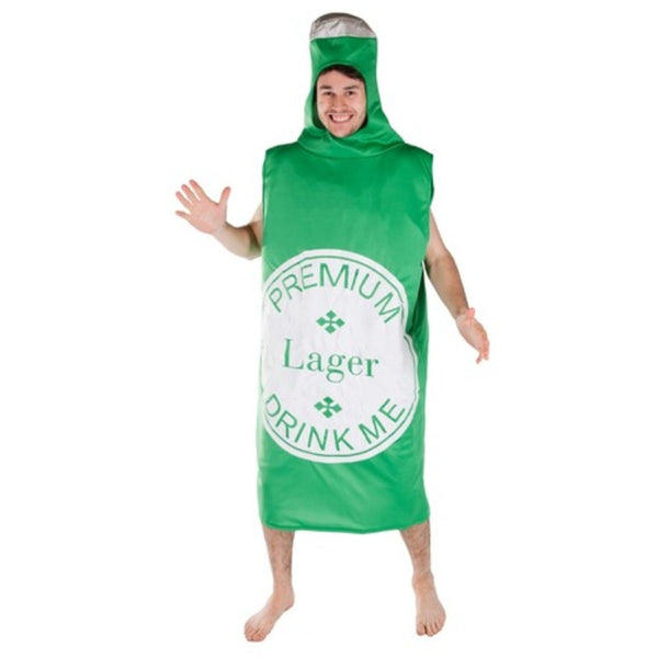Foam beer bottle adult costume with opening for face, and print front.