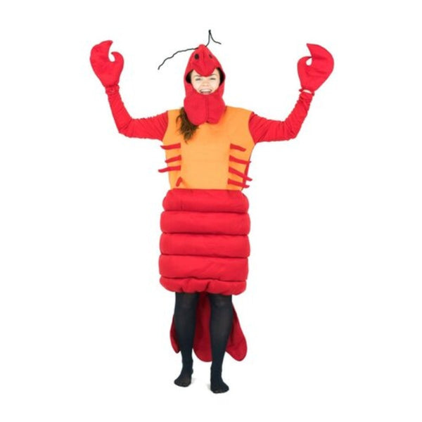 Foam lobster costume, unisex in orange and red with claws, hood with head and long tail.