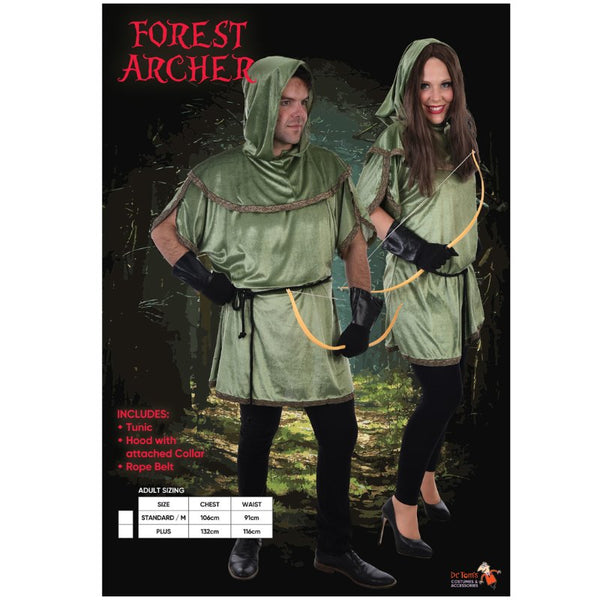 Forest Archer unisex tunic costume includes, tunic, hood with attached collar and rope belt.
