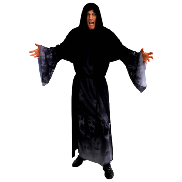 Men's Forgotten Souls Robe with skull print and hooded capelet front view