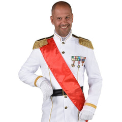 Mens formal military costume with white jacket, gold trim and red sash
