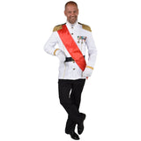 Mens formal military costume with white jacket, gold trim and red sash