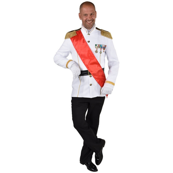 Mens formal military costume with white jacket, gold trim and red sash