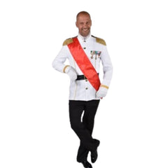 Formal Military Men’s Costume with white jacket, badges, epaulets, red sash, black trousers, and belt.