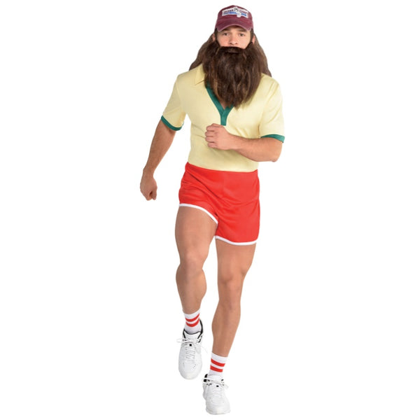 Forrest gump mens costume, yellow top, short shorts, hat with hair and beard.